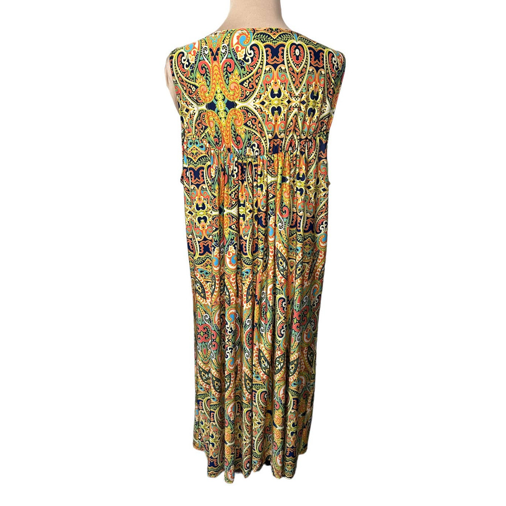 Boho Paisley Print Sleeveless Dress Wooden Beaded Neckline XL (Measured) - Picture 3 of 6